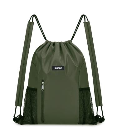 WANDF Drawstring Backpack with Shoulder Pad Sports Gym Backpack with Mesh Pocket Drawstring Backpack for Women and Men (Dark Green)