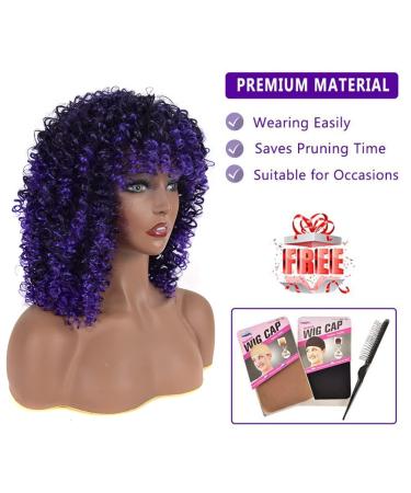 Curly Afro Wig with Bangs Purple Mixed Blue for Black Women - Synthetic Hair 15 Inch + 1 Comb & 4 Wig Caps | T15717C# Mixed Blue - Buy Online on GoSupps.com