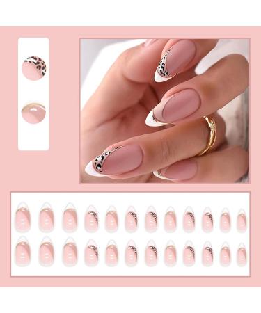 Justotry 24-Piece Leopard Almond Press-On Nails - Short White French & Nude Stiletto Artificial Acrylic Fingernails for Women - Buy Online on GoSupps.com