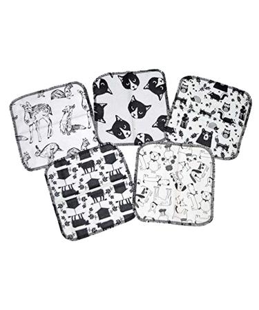 2 Ply Printed Flannel 8x8 Inches Set of 5 Little Wipes Black and White Animals
