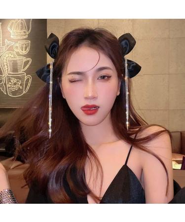 Black Rhinestone Chain Tassel Hair Clip - Korean Style Bow Barrette - Buy Online on GoSupps.com