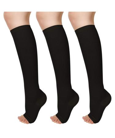 Ikfashoni 3 Pairs Compression Socks for Women & Men 15-25mmHg Toeless Compression Socks Support Legs Knee Height Promote Circulation Suitable for Long-Distance Travel Flight & Competitive Sports S-M Black
