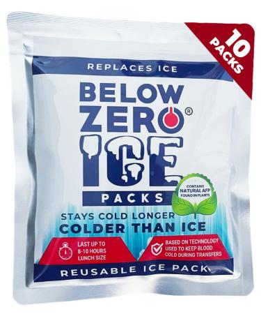 Below Zero Reusable Ice Packs for Lunch Box and Cooler Bags  Patent Pending Coldest and Longest Lasting Technology, 8+ Hour Cooling Ice Gel Pack - Size 7.5"x6.5" Pre Filled/Sealed 10 Pack