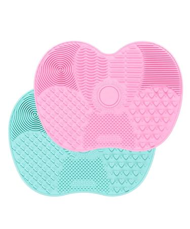 Sioppkik 2 pieces silicone make-up brush cleaning mat make-up brush scrubber matt cosmetic cleaning pad wearable wash tool with suction cup 2 large apple-shaped mat (green+pink)