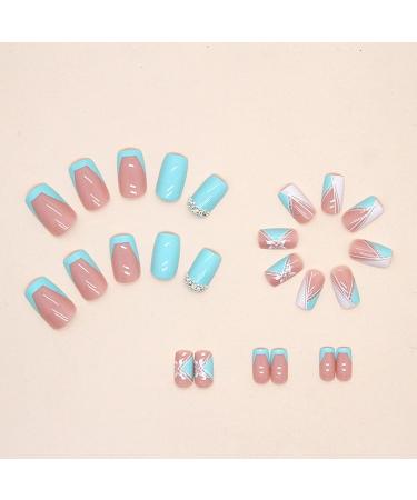 Blue Butterfly Rhinestone French Tip Press On Nails - Square False Nails for Women - Spring/Summer Medium Acrylic Stick On Nails - Buy Online on GoSupps.com