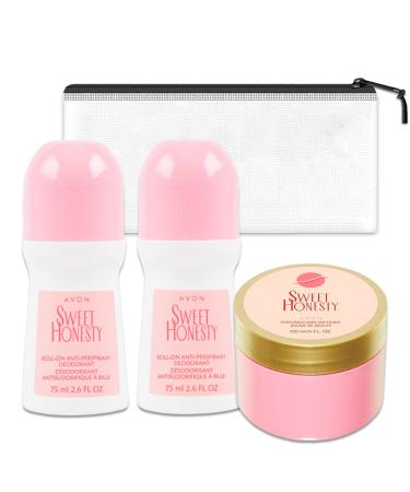 Avon Sweet Honesty Perfumed Cream Skin and Deodorant Travel Pack - Avon Skin Moisturizer Cream and 2 Pack Roll-On Anti-Perspirant Deodorant Travel Size 2.6 Oz Bundle with Bag | Travel Size