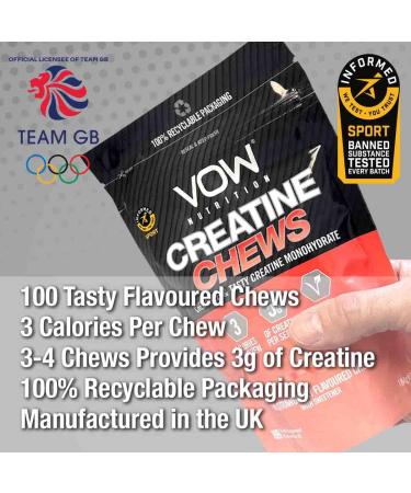 VOW Nutrition Creatine Chews 100 Strawberry Flavoured - Chewable Creatine Monohydrate - Convenient & Tasty - Informed Sports Approved - Buy Online on GoSupps.com