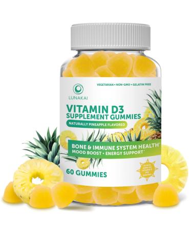 Lunakai Vitamin D3 Gummies - Chewable Organic Non-GMO Vegetarian No Corn Syrup Vitamin D Gummies for Adults and Kids - Immunity Bone and Mood Support D3 Vitamin Gummy Supplements - 60 Day Supply 60 Count (Pack of 1) Vitamin D3 Gummies