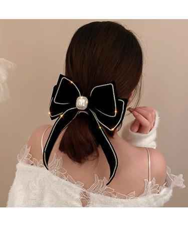Velvet Black Hair Bow Barrette with Pearl Rhinestone - French Style Hair Accessory for Women and Girls - Halloween Party - Black - Buy Online on GoSupps.com