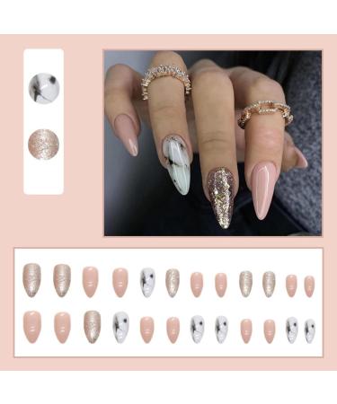 JUSTOTRY 24 Pcs Short Marble Stiletto False Nails - Nude French Glitter Press On Nails with Nail Glue - Trendy Almond Stick On Nails for Women - Buy Online on GoSupps.com