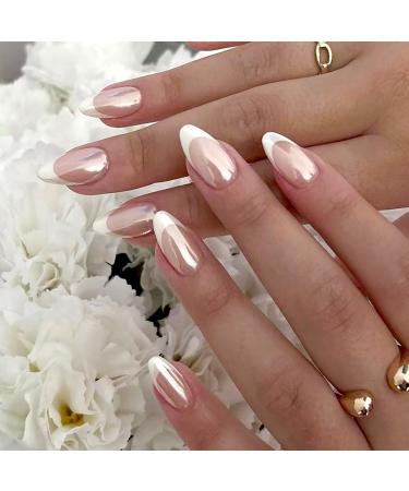 White French Tip Press on Nails Almond Pink Cute Aurora Fake Nails Full Cover Long with Chrome Design Acrylic False Nails Stick on Nails Glue on Nails for Women and Girls nail Art Decoration 24Pcs