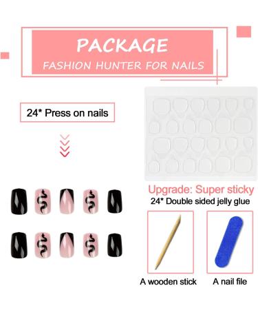 24Pcs Black Snake Design Short Square Press on Nails - Glossy Stick on Daily Wear Fake Nails for Manicure & Nail Art - Style 8 - Buy Online on GoSupps.com