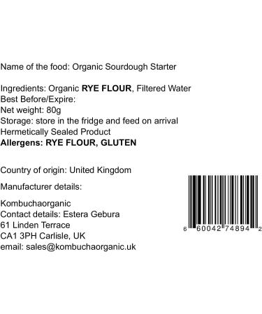  Kombuchaorganic Certified Organic Live 46 Year Old San Francisco Sourdough Starter UKAS Lab Tested with Printed Instructions from Kombuchaorganic - Buy Online on GoSupps.com