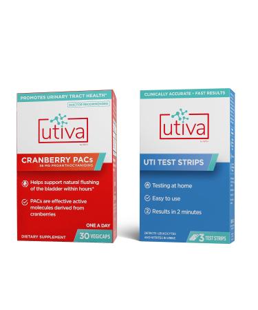 Szio+ 10% Bundle Utiva Cranberry PACs 30 Vegi Capsules Cranberry Supplement for Urinary Tract Health for Women and Men + UTI Test Strips 3 Individual Urine Test Strips for Women and Men