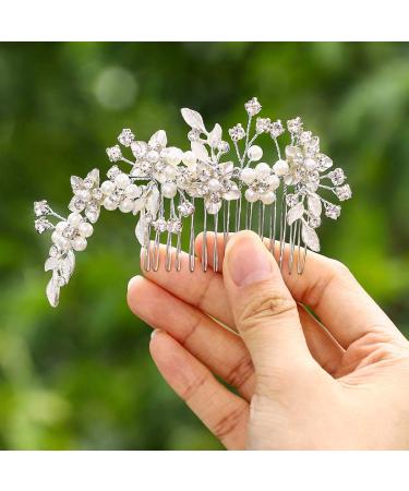 IYOU Bridal Wedding Hair Comb Silver Flower Crystal Hair Pieces Rhinestone Bridal Headpieces Pearl Bride Hair Accessories for Women and Girls