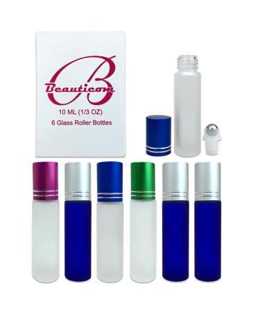 Beauticom Glass Roll on Bottle 10ml  1/3 oz with Metal Cap, Stainless Steel Roll Balls for Essential Oil, Aromatherapy, Perfume, Lip Gloss, Lip Balm (MIX) (6 Bottles per order) 6 Bottles Mix Color