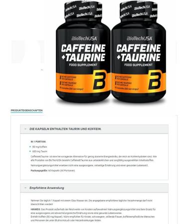 BioTech USA Caffeine + Taurine Pills | Energy Booster & Weight Loss Support | Dietary Supplements (180 Capsules) - Fast International Shipping - Buy Online on GoSupps.com