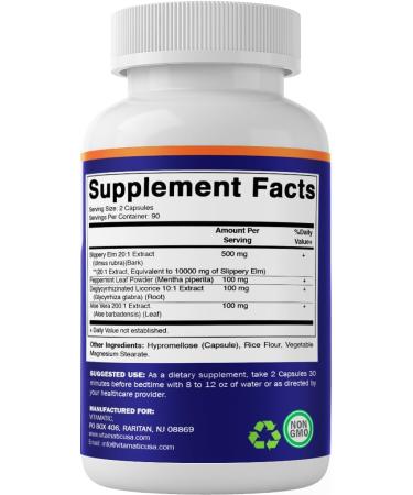 Vitamatic Slippery Elm Bark 10000 mg Equivalent Per Serving (from 20:1 Extract 500 mg) Made with Peppermint DGL & Aloe Vera - 180 Veg Capsules and Concentrated 20X Potency - Buy Online on GoSupps.com