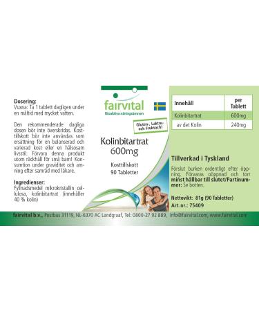 Fairvital | Bitartrate de choline 600 mg - 90 comprim s - M tabolisme h patique et lipidique* - 40% de choline - Qualit contr l e et dosage lev - 100% v gan - Fabriqu en Allemagne - Buy Online on GoSupps.com