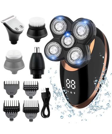 Electric Shaver Razor for Men Mens Shaver Trimmer Grooming 5 in 1 Rotary Cordless Hair Clippers for Perfect Bald Look with 4D Floating 5 Razor Head LED Display IPX7 Waterproof Quick USB Rechargeable Gold