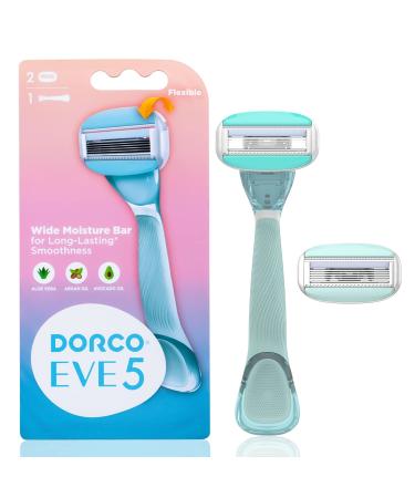 Dorco EVE5 Razors for Women for Extra Smooth Shaving (1 Razor Handle  2 Pcs Razor Blade Refills)  5 Curved Blades with Flexible Moisture Bar  Womens Razors for Shaving with Aloe Vera Moisture Bar  Interchangeable Cartrid...