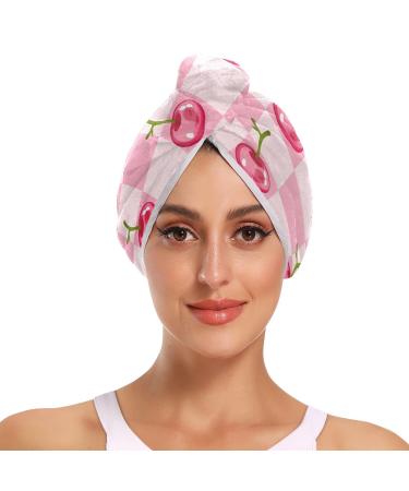 Cherry Hair Towel 2 Pack Super Absorbent Hair Drying Towel Quick Dry Hair Turbans Head Towel with Button Twisty Wrap for Women Girls