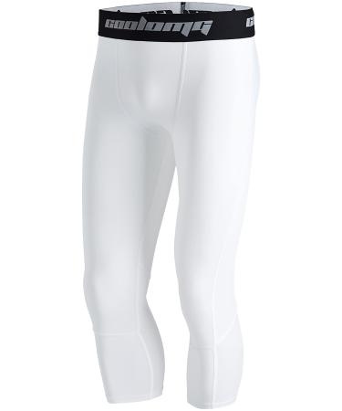 COOLOMG Youth Boys Compression Pants 3/4 Basketball Baselayer Sports Tights Running Training Leggings Capris White X-Large
