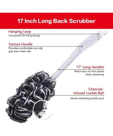 Loofah Charcoal Back Scrubber Set - 1 Long Handle Brush, 1 Large Mesh Pouf, 2 Hooks - Shower Sponge for Men and Women - Buy Online on GoSupps.com