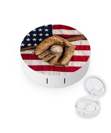Bagea-Ka Baseball American Flag Pattern Contact Lens Case Box Eye Care Kit Holder Mirror Box with Tweezers Remover Tool Solution Bottle for Outdoor Travel & Home