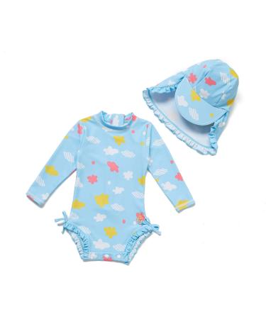 BONVERANO Baby Girls Swimsuit Toddler Bathing Suit Long-Sleeve Zipper One Piece Swimwear with UPF 50+ Sun Protection 2-3 Years Cloud