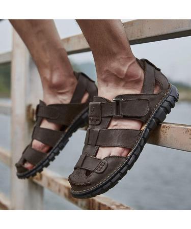 Unisex soft slippers men's Baotou beach shoes leather sliding sandals brown_44 shoes for summer shower UK9 Brown