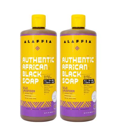Alaffia Authentic African Black Soap All-in-One, Multi-purpose Face & Body Wash, Shampoo & Shaving Soap, Suitable for All Skin Types, Fair Trade Shea Butter, Wild Lavender, 2 Pack - 32 Fl Oz Ea 32 Fl Oz (Pack of 2)