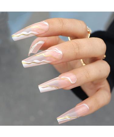 MISUD Extra Long Coffin Fake Nails - 24Pcs Gold & White Swirl False Nails - Glossy Full Cover Nude Acrylic Nails for Women and Girls - Buy Online on GoSupps.com