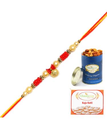 Ghasitaram Gifts Rakhi for Brother Rakhis Online - 6127 Pearl Rakhi for My Brother with 100 GMS of Dryfruits Mix Can 200 GMS of Kaju katli Rakhi & 100g Dryfruits Mix Can 200g Kaju katli