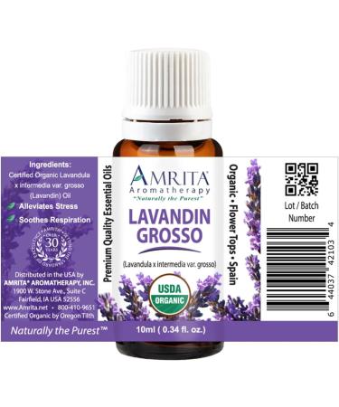 Amrita Aromatherapy Organic Lavandin Grosso Essential Oil 100% Pure Undiluted Lavandula x Inter. VAR. Grosso Therapeutic Grade Premium Quality Aromatherapy Oil Tested & Verified 10ML - Buy Online on GoSupps.com