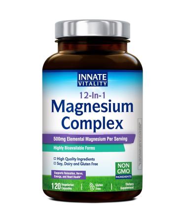 Innate Vitality 12-in-1 Magnesium Complex 500 mg Elemental Mag with Magnesium Glycinate Malate Taurate Aspartate & More Non-GMO for Nerves Sleep Heart Energy 120 Veg Caps
