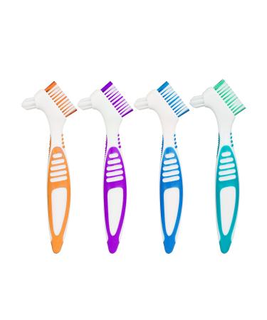 4 Pcs Denture Toothbrush Double Bristle Head Denture Cleaning Brush Set Portable False Teeth Brushes for Denture Care Denture Cleaner (4 Colors)