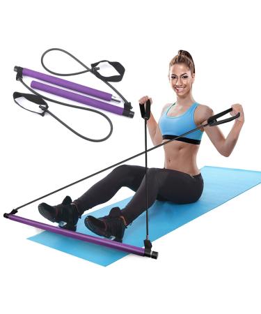 Pilates Bar Kit with Exercise Resistance Band and Foot Loops Portable Fitness Yoga Sticks for Home Workout Strength Training for Total Body Workout (Purple)