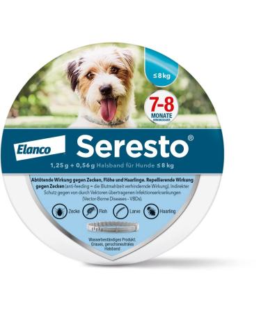 Seresto Elanco collar for small dogs up to 8 kg: 7 to 8 months effective protection against ticks and fleas length 36 cm 1.25 g + 0.56 g - Buy Online on GoSupps.com