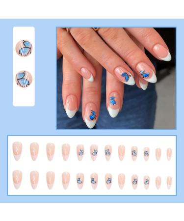 Justotry 24-Piece Butterfly Almond Press-On Nails | Milky White French Tips | Pretty Nude Stiletto Fake Nails for Women - Buy Online on GoSupps.com