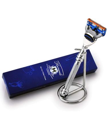 Designer Stainless Steel 5-Edge Cartridge Razor & Stainless Steel Stand Combination - Grooming & Shaving Luxury Selection - Buy Online on GoSupps.com