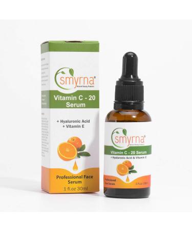 Smyrna Vitamin C Serum for Your Face Pure Vitamin C 20% Plus Vegan Hyaluronic Acid Vitamin E Amino Complex Organic Jojoba Oil and more Anti-Aging Liquid Facial Serum 1 fl. oz.