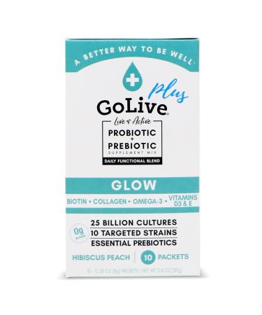 GoLive Probiotics & Prebiotics for Women and Men Glow for Beauty, Sugar-Free Synbiotic Powder. +25 Bllion CFUs 10 Clinical Strains for Healthy, Immune & Digestive Health, 10 Count (Pack of 1)