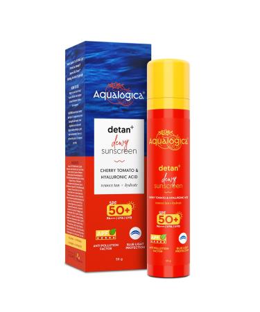 Aqualogica Detan+ Dewy Face Sunscreen with SPF 50+ & PA++++ | Blue Light Protection & No White Cast | Fights Sun Damage with Cherry Tomato & Hyaluronic Acid | 1.76 Oz/50g 1.76 Ounce (Pack of 1)