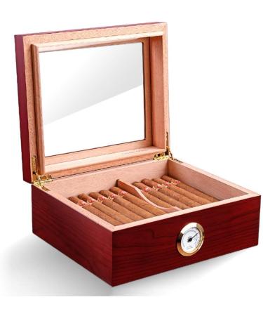 Desktop Cigar Humidor Case Glasstop Cigar Storage Box Cherry Finish with Hygrometer and Humidifier Holds 50 Cigars - Buy Online on GoSupps.com