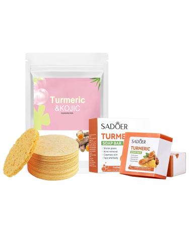 Turmeric Soap Bar for Face & Body & Turmeric Cleansing Pads Turmeric Body Soap with 30Pcs Facial Sponges Natural Handmade Soap with Soap Bag for Women & Men Smoother skin Natural Ingredients