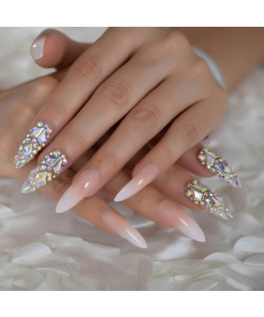Luxury Extra Long Ombre French Designer Fake Nails with AB Stones Decoration - Stiletto Shape | Pre-designed Natural Tips with Crystal Jewelry - Ombre Luxe - Buy Online on GoSupps.com