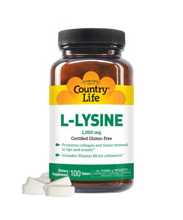 Country Life L-Lysine 1000mg with Vitamin B6-100 Tablets - Promotes Collagen and Tissue Renewal - Aids Utilization - Gluten-Free 100 Count (Pack of 1)