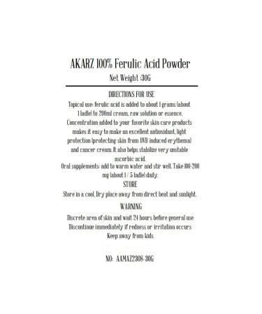 AKARZ Ferulic Acid Pure Powder 30G Nature or Skin Serum Cosmetic Grade Supplements Powerful Super Natural Anti-oxidants - Deliver Perfect DIY for Healthy Skin! 1.06 Ounce (Pack of 1) - Buy Online on GoSupps.com