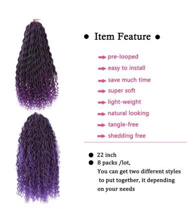8 Packs 22'' Purple Goddess Locs Crochet Hair | Boho Faix River Locs with Curly Ends | 8 packs/lot T1B/Purple - Buy Online on GoSupps.com